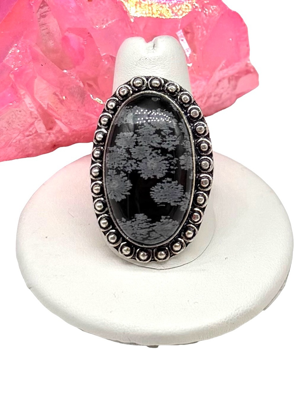 Black Snowflake Obsidian Ring Size 9 925 Sterling Silver Overlay